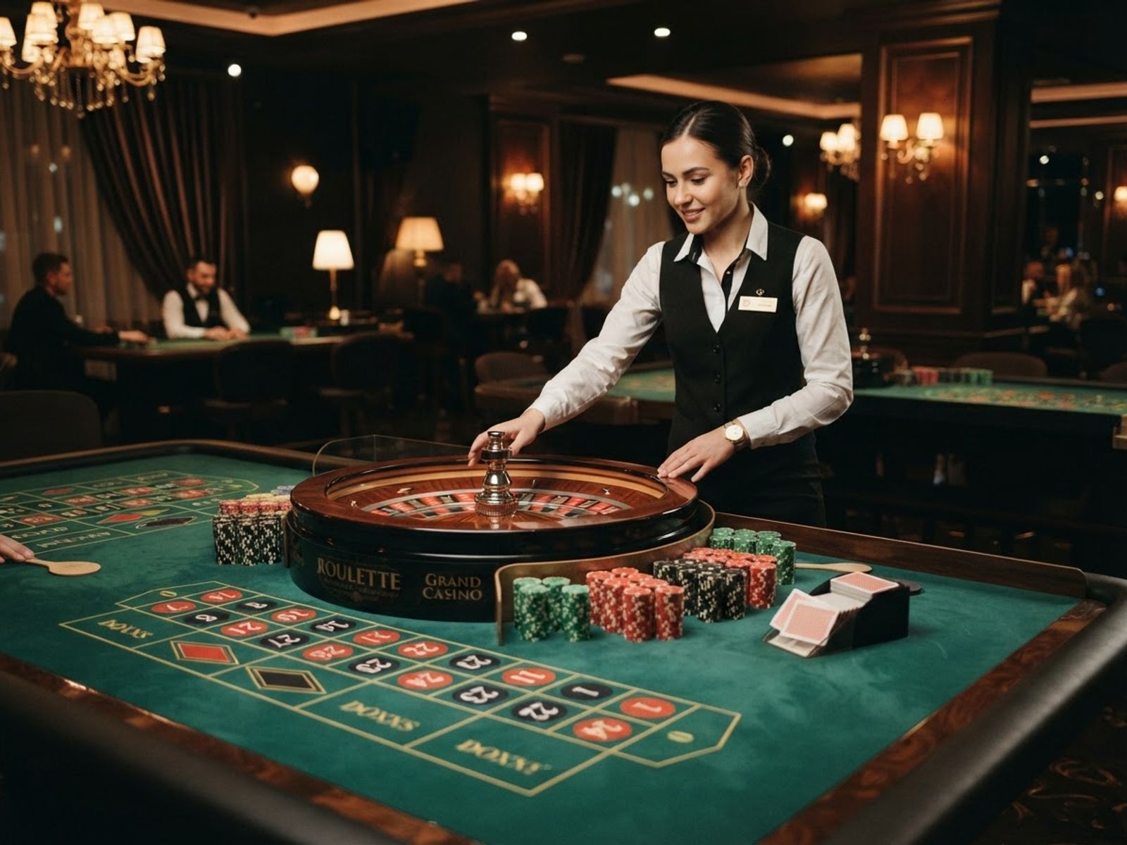 Roulette table with live dealer and spinning wheel