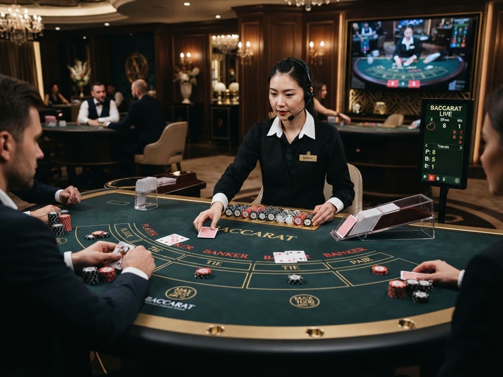 Baccarat table with dealer and card shoe