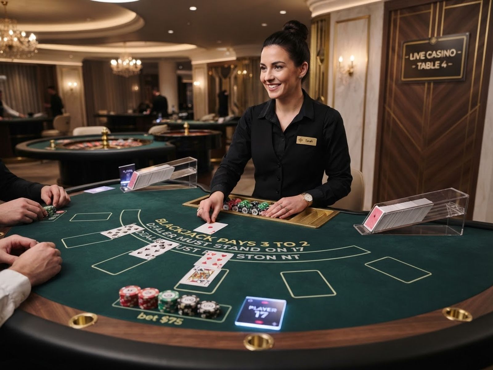 Blackjack table with dealer and playing cards