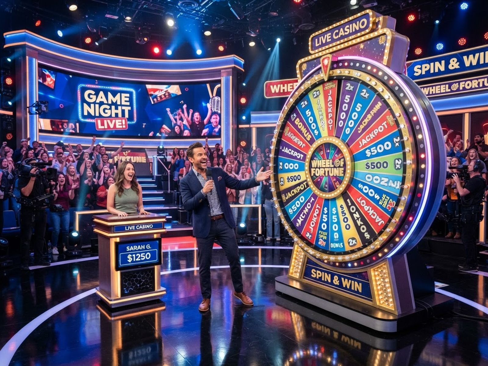 Live game show studio with large prize wheel