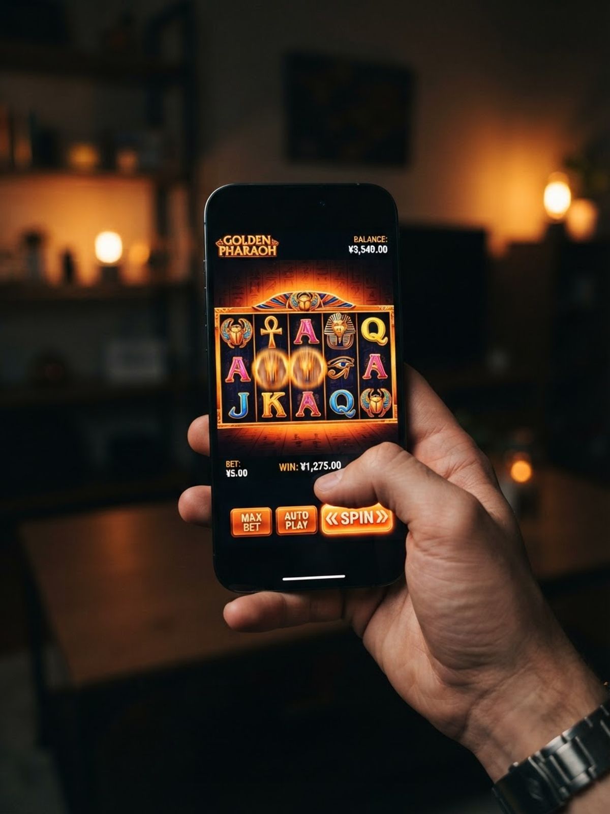 Mobile phone displaying online casino game interface