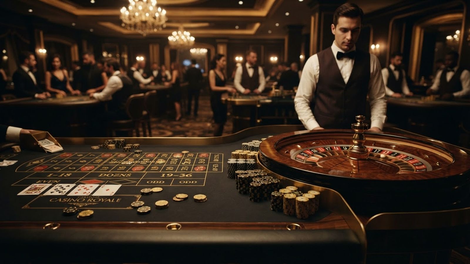 Casino table with chips cards and roulette wheel